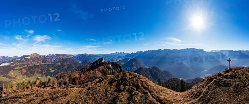 Drone shot, summit cross on the Schwarzer Berg with a view of the Lammertal with Dachstein massif and Tennengebirge, Golling, Osterhorn group, Salzburg province, Austria, Europe