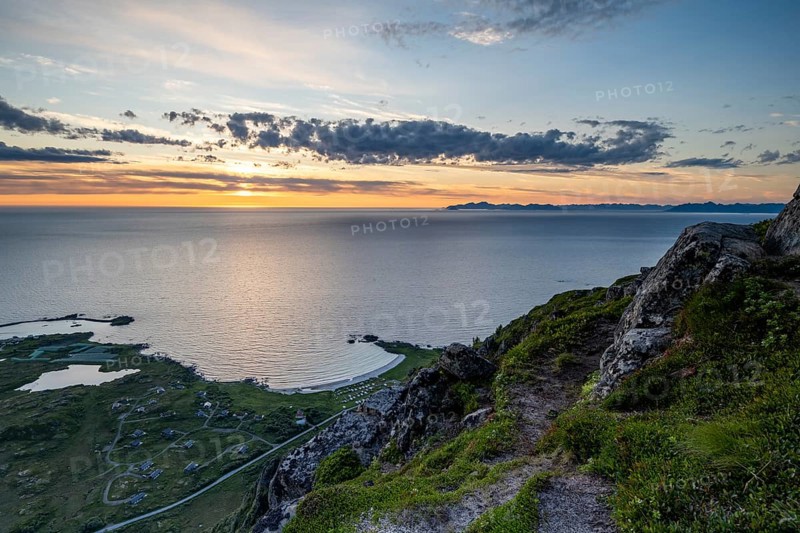 View of the coast and mountains from Mount Hoven, Gimsoy, Lofoten, Norway, Europe