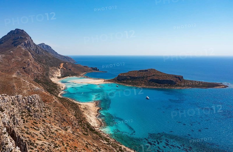 Drone shot, Gramvousa peninsula with view to the beach and bay of Balos, Kolimbari, West Crete, Crete, Greece, Europe