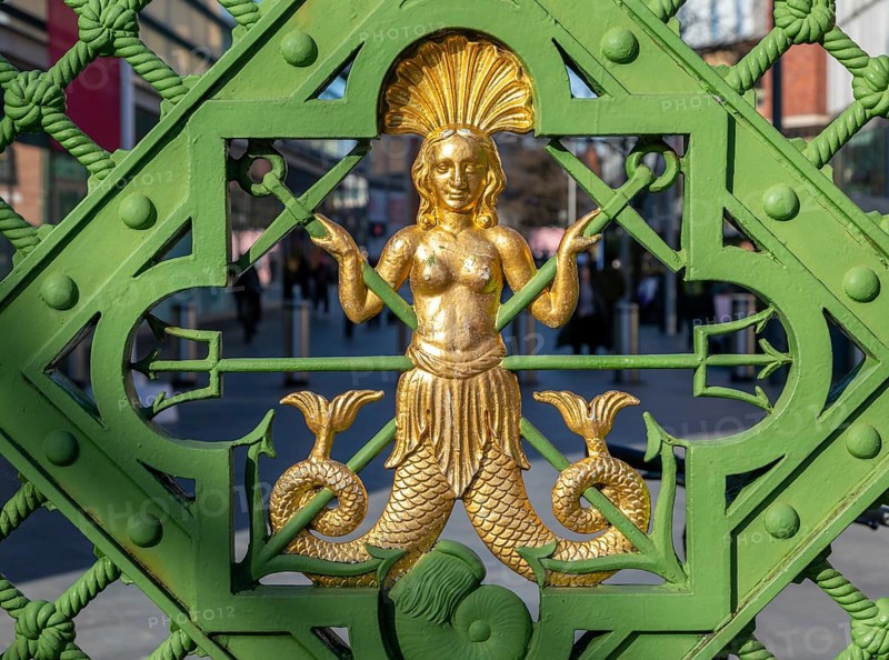 Melusine, twin-tailed mermaid, Pooley Gates, Paradise Street, Liverpool One, Liverpool city centre, Merseyside, England, UK