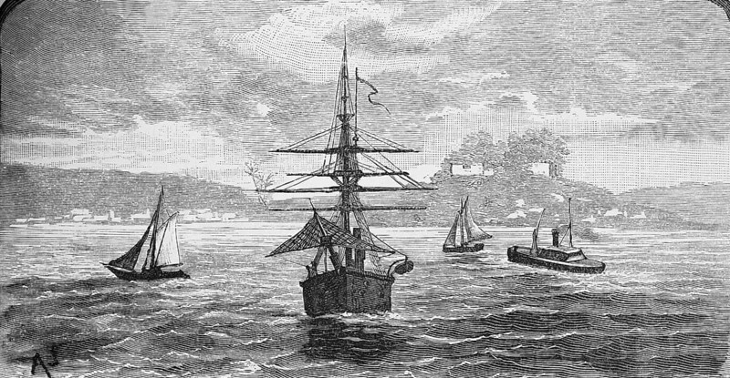 Ruins of Fort Gross Friedrichsburg on the Ghanaian Atlantic coast, seen from the Gold Coast, former Brandenburg colony, UNESCO World Heritage Site, sailing ships, steamers, swell, travelling, Ghana, historical illustration 1886, Africa