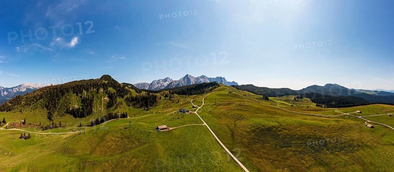 Drone shot, Hochalm, Loferer Alm with view to the Loferer Steinberge, Lofer, Pinzgau, Salzburg province, Austria, Europe