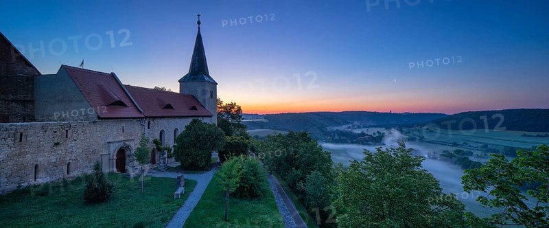 Monastery church Zscheiplitz at sunrise, morning fog in the Unstrut valley, Freyburg, Saxony-Anhalt, Germany, Europe