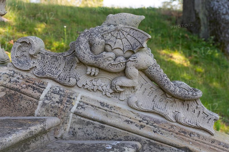 Dragon figure at the cascade in the castle park of Seehof Castle, Memmelsdorf near Bamberg, Bavaria, Germany, Europe