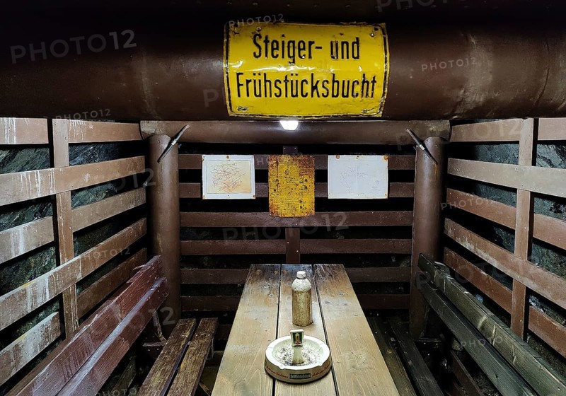 Steiger and breakfast bay sign in the Rammelsberg ore mine, UNESCO World Heritage Site, Goslar, Lower Saxony, Germany, Europe