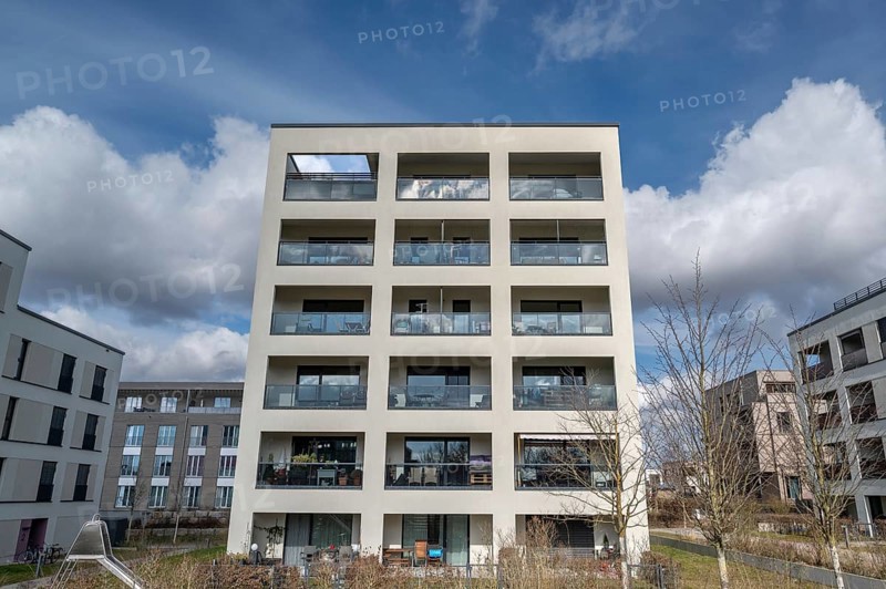 Modern residential building in the new Hubland residential area, built on the site of the former American Leighton Barracks, Würzburg, Lower Franconia, Bavaria, Germany, Europe