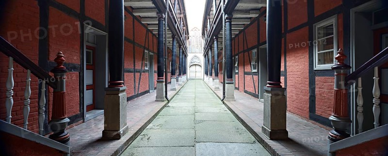 Inner courtyard with wooden portico in the Heiliggeistkloster monastery, Stralsund, Mecklenburg-Vorpommern, Germany, Europe
