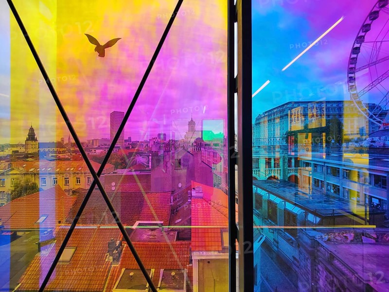 Marollescenece, art installation The Cube, coating of the windows with translucent dichroic films, Poelaert, Brussels, Belgium, Europe