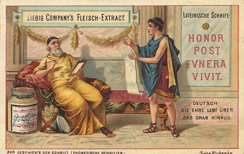Picture series The history of writing, Latin script, Liebig picture, digitally restored reproduction of a collector's picture from ca 1900, public domain, exact date unknown, ancient man reading from a scroll in a stylish room, Latin inscription visible