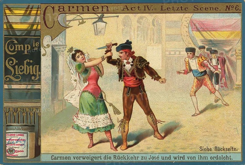 Series of pictures from the opera Carmen, Carmen refuses to return to Jose and is stabbed by him, Liebig picture, digitally restored reproduction of a collector's picture from around 1900, public domain, exact date unknown, Carmen is stabbed by a bullfighter in the dramatic finale