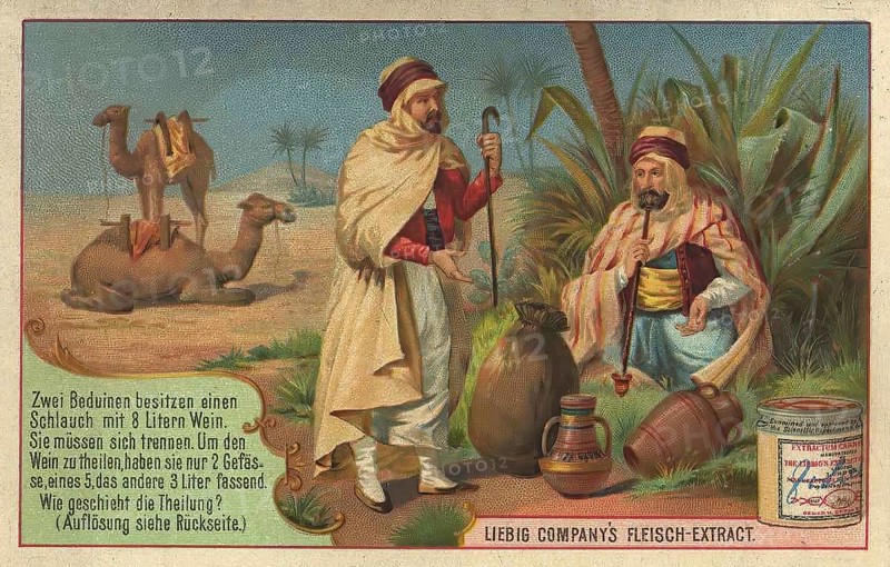 Picture series Riddle, Bedouins distributing water, Liebig picture, digitally restored reproduction of a collector's picture from ca 1900, public domain, exact date unknown, Bedouins discussing wine distribution in a desert oasis, camels in the background