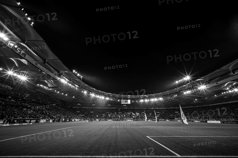 Interior, Bundesliga, floodlit match, night shot, black and white, long shot, MHPArena, MHP Arena Stuttgart, Baden-Württemberg, Germany, Europe