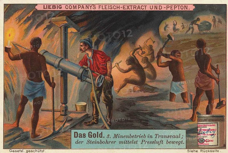 Picture series The Gold, mining operation in Transvaal with compressed air, stone drill, Liebig picture, digitally restored reproduction of a collector's picture from around 1900, public domain, exact date unknown, workers in a gold mine doing hard physical labour