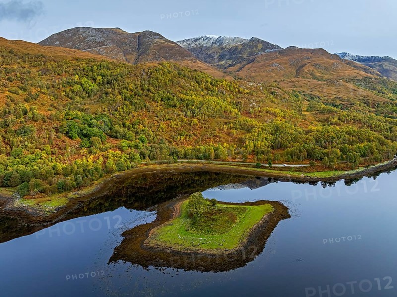 Fjord, coast, mountain landscape, reflection, island, autumn, aerial view, Loch Leven, Scotland, Great Britain