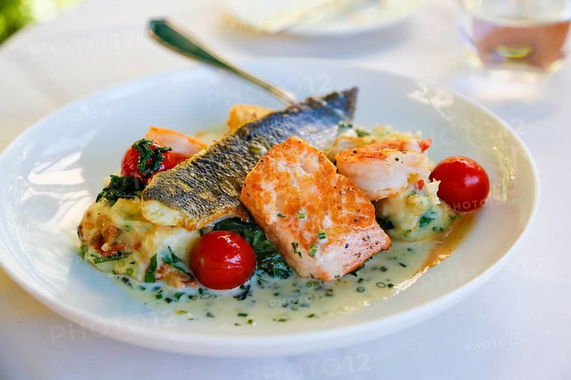 Restaurant Schloss Haigerloch, fine fish, salmon, scallops, char, spinach, cocktail tomatoes, fine cuisine, food, Haigerloch, Zollernalbkreis, Baden-Württemberg, Germany, Europe