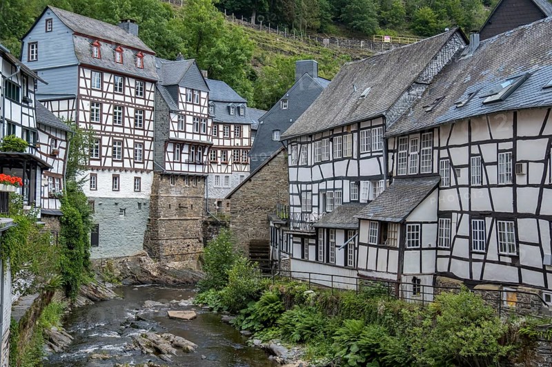Historic half-timbered houses along the Rur in Monschau, Eifel, North Rhine-Westphalia, Germany, Europe