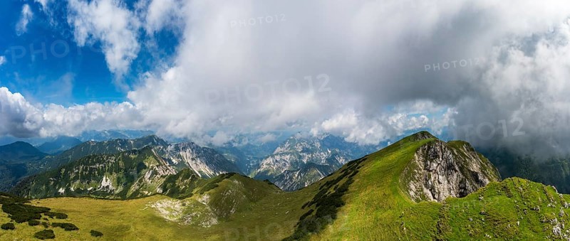 Drone image, view from the Gamsfeld into the Osterhorn group, Russbach, Salzkammergut, Salzburg province, Austria, Europe