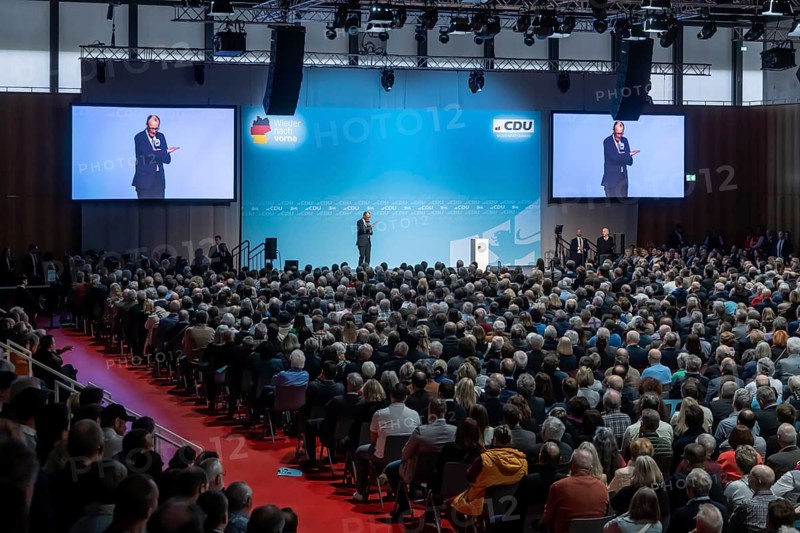 New Year's reception of the CDU with chancellor candidate Friedrich Merz in Künzelsau. The Federal Chairman of the CDU and Chairman of the CDU-CSU parliamentary group spoke to an audience of 2000 at the Carmen Würth Forum. Portrait during his speech on stage. Künzelsau, Baden-Württemberg, Germany, Europe