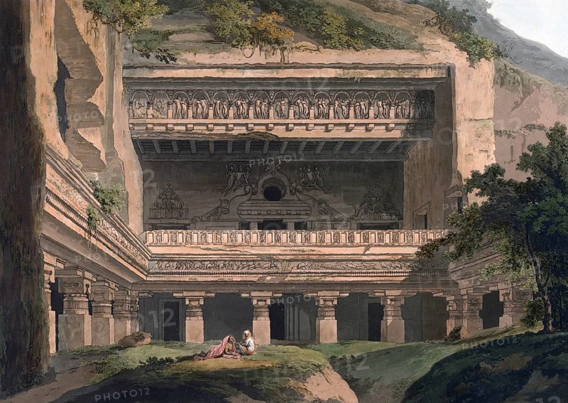 Viswakarma, exterior view. The cave, known as Vishvakarma (named after the archietect of the gods), is a 7th century cave and one of the newest Buddhist chaityas in western India, India, ca 1880, digitally enhanced reproduction of a 19th century original, Asia