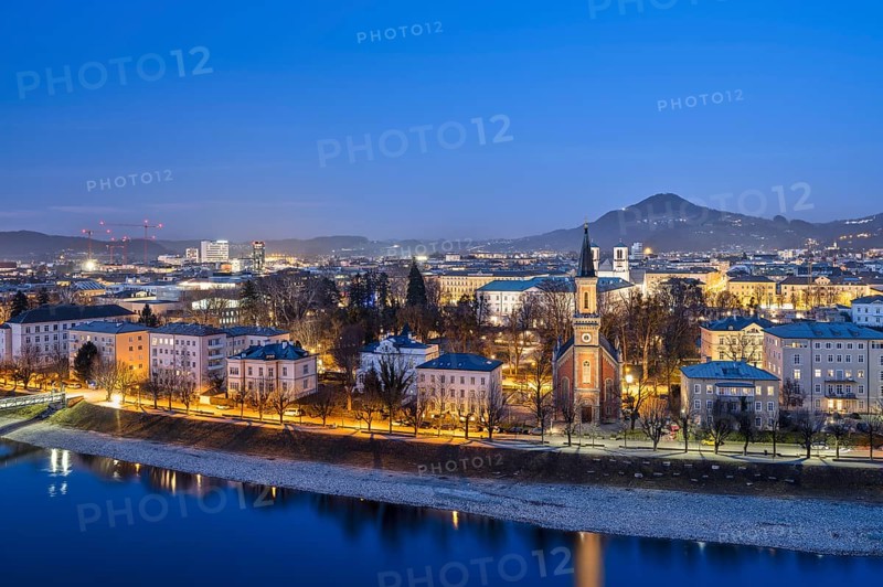 Salzburg at the blue hour, protestant parish church, Christuskirche, Salzach, Salzburg City, Salzburg