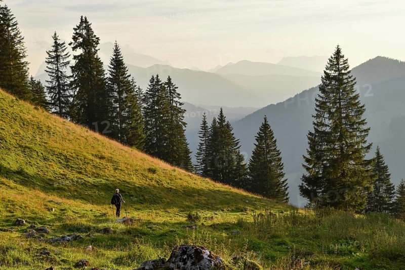 Mountaineer descending from the Sonntagshorn on the Hochalm, view of the Chiemgau Alps, Salzburger Land, Austria, Europe