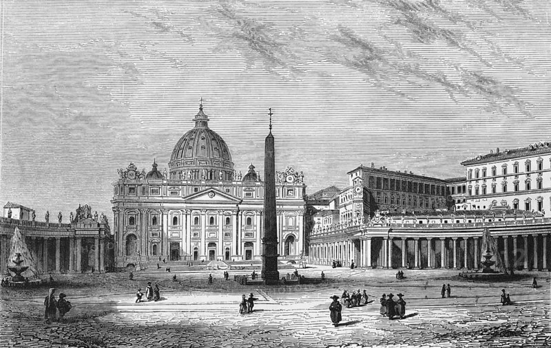 St Peter's Square with St Peter's Basilica in Vatican City within Rome, clergy, visitors, column with cross, water fountain, portico, geography, Vatican, Italy, historical illustration 1888, Europe