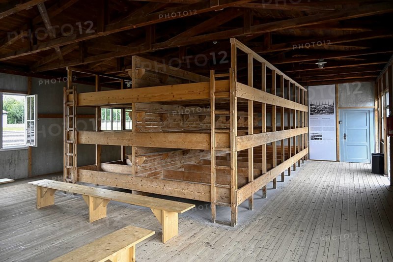Sleeping quarters in a reconstructed prisoner barrack in the former Dachau concentration camp, now a concentration camp memorial, Dachau near Munich, Bavaria, Germany, Europe