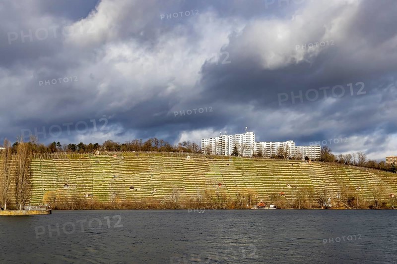 Max-Eyth-See in winter with dark clouds, vineyards and housing estate in the Freiberg district. Stuttgart, Baden-Württemberg, Germany, Europe