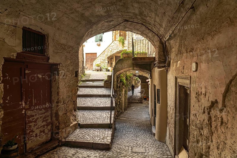 Narrow alleyways in the medieval village of Rocchetta Nervina in Val Nervia, Liguria, Italy, Europe