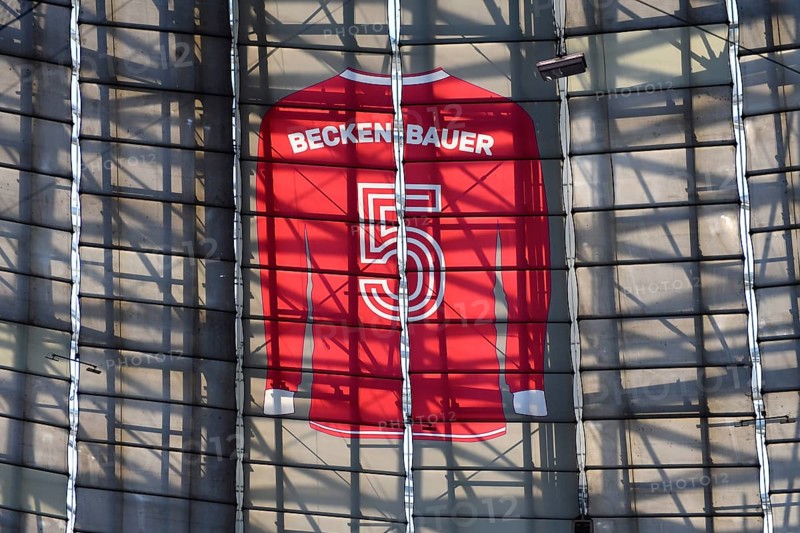 Larger-than-life jersey of Franz Beckenbauer with shirt number 5 hanging in the grandstand roof of the south curve, 125th anniversary of FC Bayern Munich FCB, Allianz Arena, Munich, Bavaria, Germany, Europe