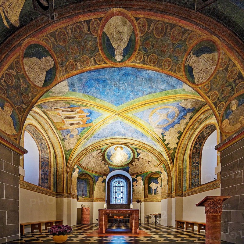 St. Maria and Clemens, Romanesque double church, lower church, view into the choir with ceiling paintings, Bonn, North Rhine-Westphalia, Germany, Europe