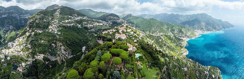 Panorama of Ravello from a drone, Amalfi Coast, Tyrrhenian Sea, Salerno, Campania, Italy, Europe