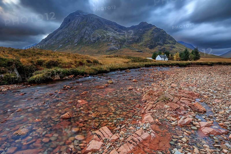 Wild river, cloudy mood, hut, cottage, long exposure, autumn, mountains, Lagangarbh Cottage, Buachaille Etive Mòr, Glencoe, Scottish Highlands, Scotland, Great Britain