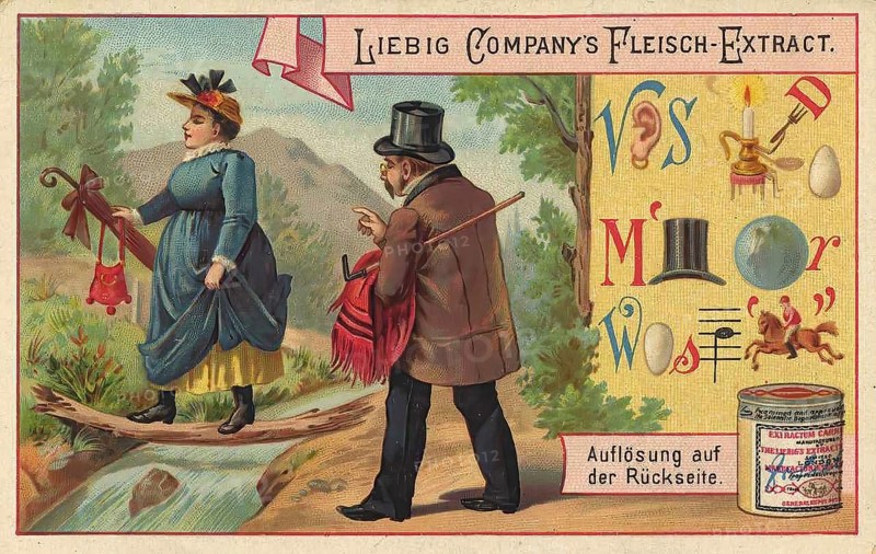 Picture series Riddle, Picture riddle, Liebig picture, digitally restored reproduction of a collector's picture from around 1900, public domain, exact date unknown, A couple walks along a stream in an idyllic landscape