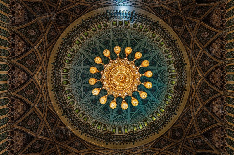Dome and illuminated chandelier in the Sultan Qaboos Mosque, Muscat, Arabian Peninsula, Sultanate of Oman