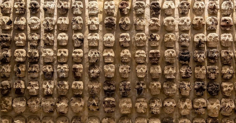 Wall of stone human skulls, archaeological site and museum of Templo Mayor, Mexico City, Mexico, Central America