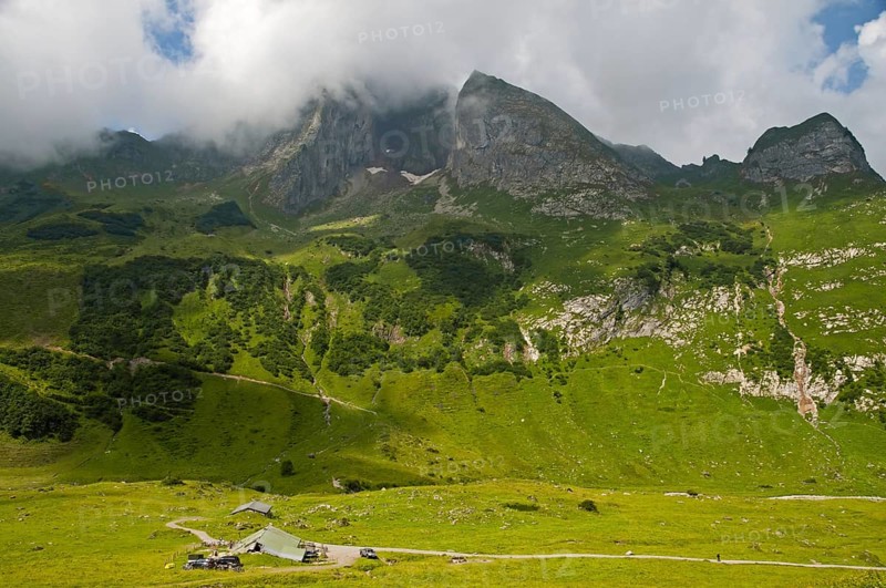 East side of the Hoefats 2259m, from Laufbacher Eck-Weg, Allgaeuer Alpen, Allgaeu, Bavaria, Germany, Europe