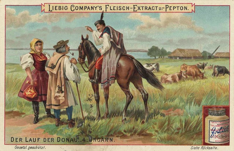 Picture series The course of the Danube, Hungary, Liebig picture, digitally restored reproduction of a collector's picture from around 1900, public domain, exact date unknown, Hungarian landscape with horsemen and shepherds in traditional dress on a pasture, Europe