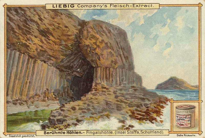 Picture series Famous Caves, Fingal's Cave, Staffa Island, Scotland, Liebig picture, digitally restored reproduction of a collector's picture from ca 1900, public domain, exact date unknown, coastal view with conspicuous basalt columns and calm sea on the Scottish coast