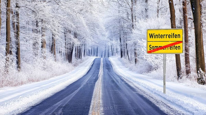 Winter road, compulsory winter tyres, Alpine sign, snow, snowfall, slippery road, road safety, risk of skidding, snow-covered road, adapted speed, Germany, Europe