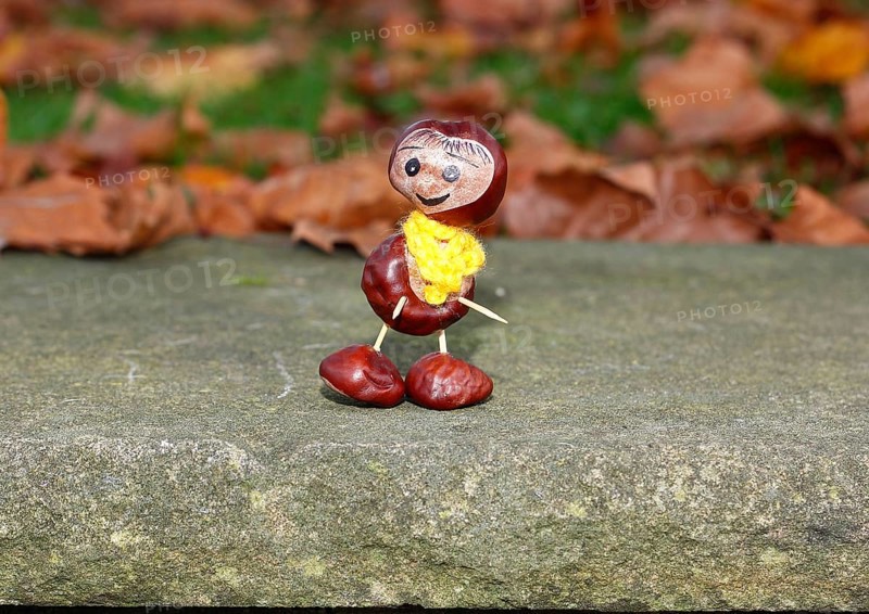 Funny chestnut figure with yellow scarf on a wall in autumn leaves, North Rhine-Westphalia, Germany, Europe