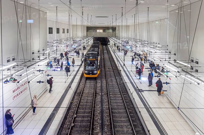 Trams and light rail operate the rail-based public transport network in Karlsruhe. They are operated by Verkehrsbetriebe Karlsruhe (VBK) and Karlsruher Verkehrsverbund (KVV) . Combined solution with the light rail tunnel. Marketplace Pyramid stop. Karlsruhe, Baden-Württemberg, Germany, Europe