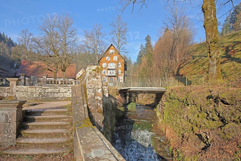 Wall and stairs at the Lierbach with building, stream, Allerheiligen Monastery, Oppenau, Northern Black Forest, Black Forest, Ortenau, Baden-Württemberg, Germany, Europe