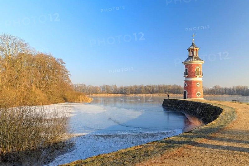 Pier with lighthouse on the large pond near the Fasanenschlößchen, Moritzburg, Saxony, Germany, Europe