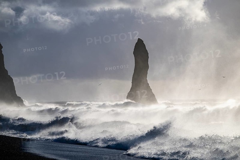 Rock needle in stormy surf, Vík í Mýrdal, Suðurland, Iceland, Europe