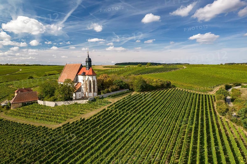 The pilgrimage church Maria im Weingarten and vineyards near Volkach seen from the air, Lower Franconia, Bavaria, Germany, Europe