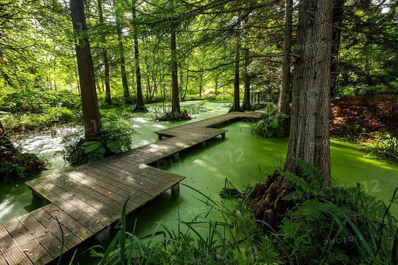Bochum, North Rhine-Westphalia, Germany - Swamp cypresses in the tertiary pond, Botanical Garden of the Ruhr-Universität Bochum. As part of the Ruhr University Bochum, the botanical garden is primarily used for research and teaching, but also for education and public recreation