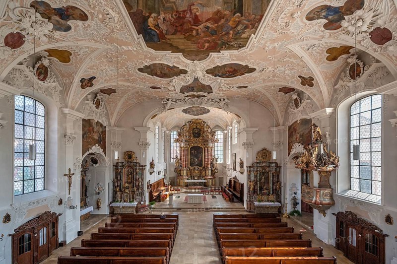 Interior of the parish church of St. John the Baptist, built in 1475 as a Gothic church, baroqueised from 1732 to 1755, Hiltpoltstein, Middle Franconia, Bavaria, Germany, Europe