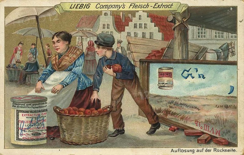 Picture series Picture puzzle, at the market, Liebig picture, digitally restored reproduction of a collector's picture from around 1900, public domain, exact date unknown, market scene with a woman and a boy selling apples on a busy square