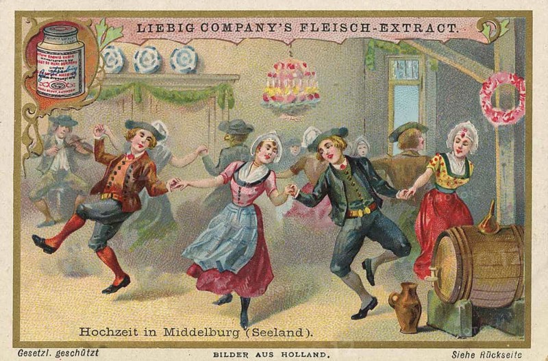 Picture series Pictures from Holland, Wedding in Middelburg, Zeeland, Liebig picture, digitally restored reproduction of a collection picture from about 1900, public domain, exact date unknown, Dancing people in traditional Dutch costumes celebrate exuberantly in a rustic hall